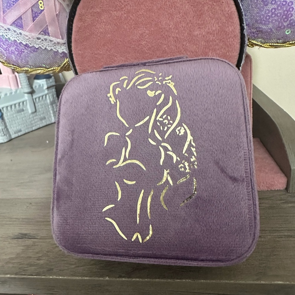 Gold Foil Rapunzel Embossed Purple Velvet Travel Jewelry Organizer